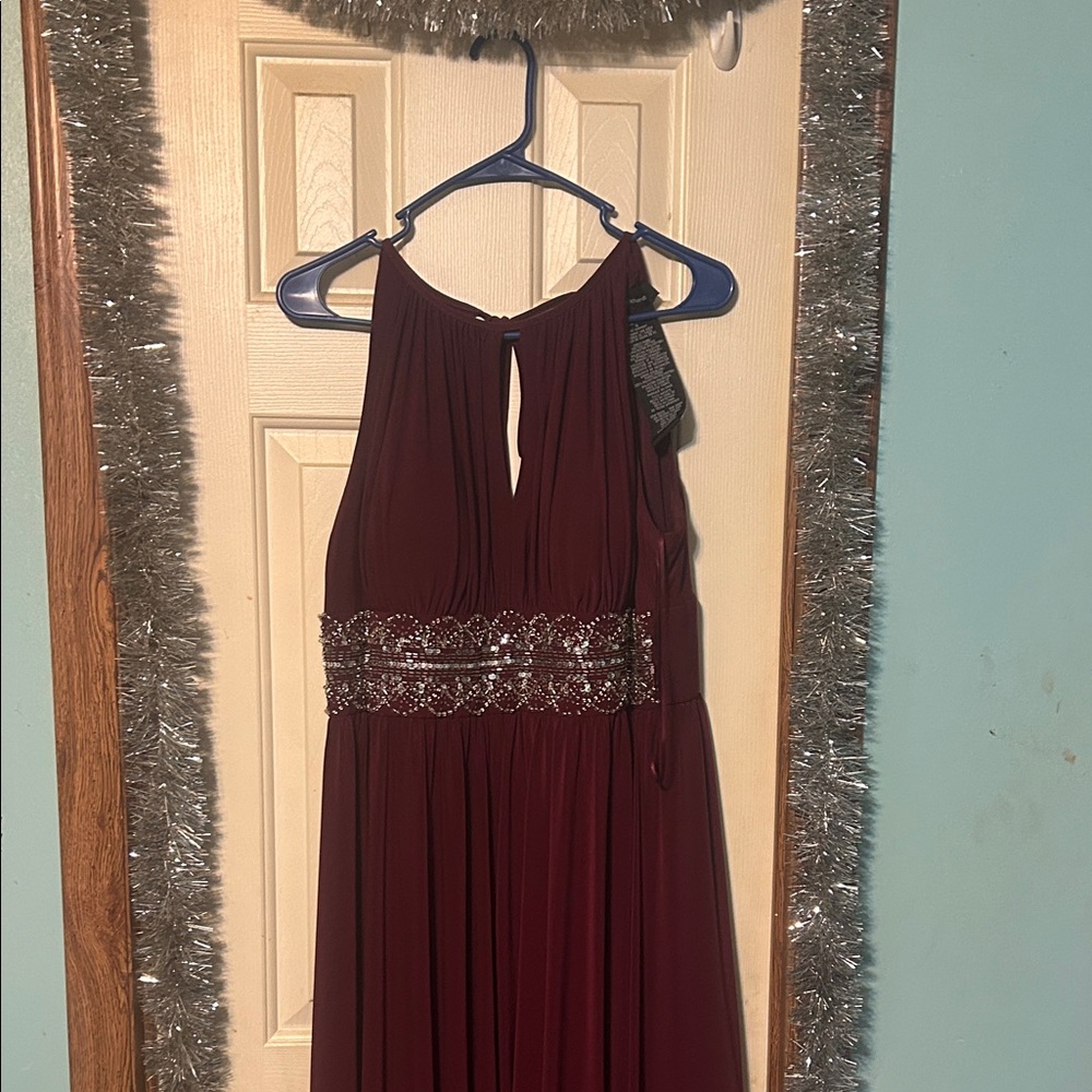 R&M Richards Burgundy Prom Dress with Silver Accents